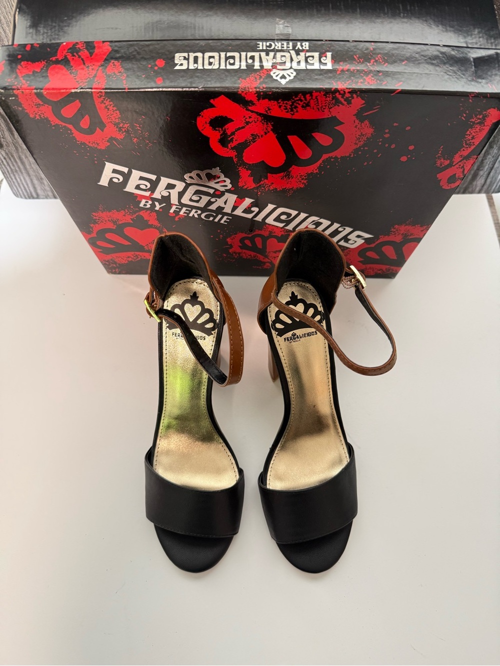 Fergalicious Two-Tone Black & Brown Ankle-Strap Heels